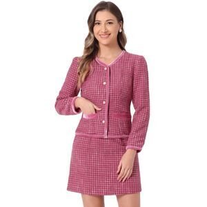 Suit Set 2 Piece Outfits Plaid Tweed Short Blazer and Skirt Hot Pink